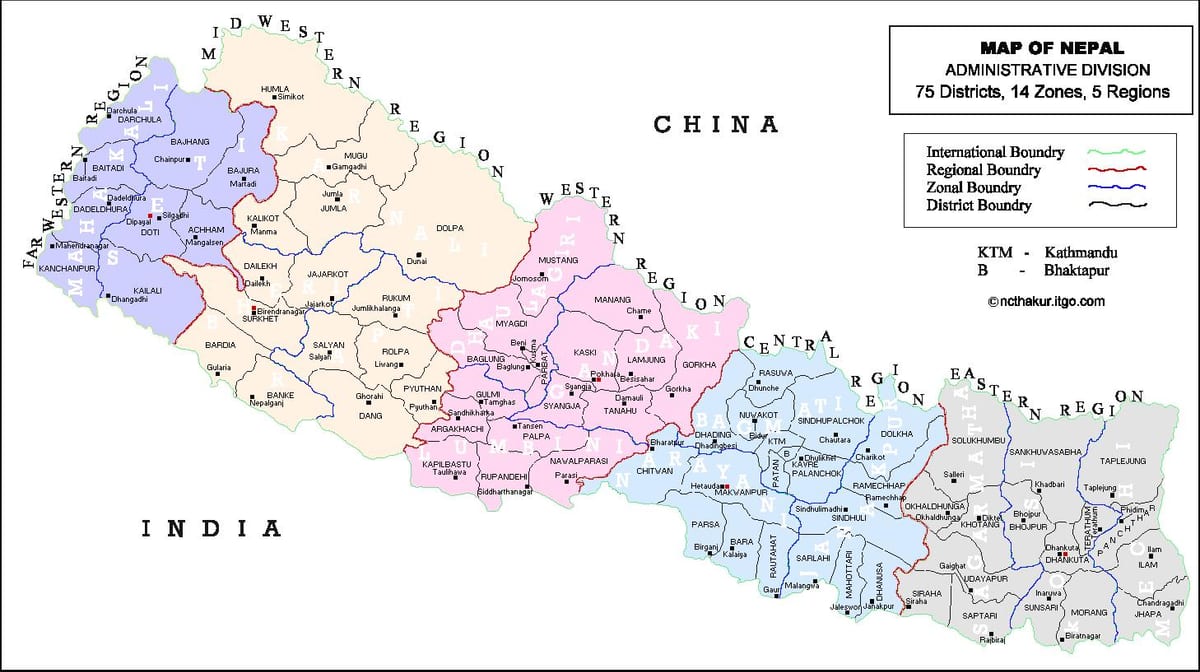 尼泊尔75个地区的地图