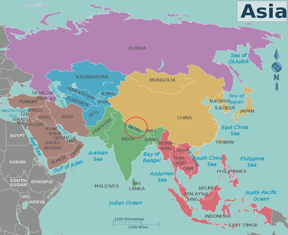 地图尼泊尔及周边国家