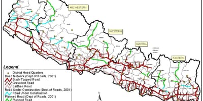 地图的道路，尼泊尔与区